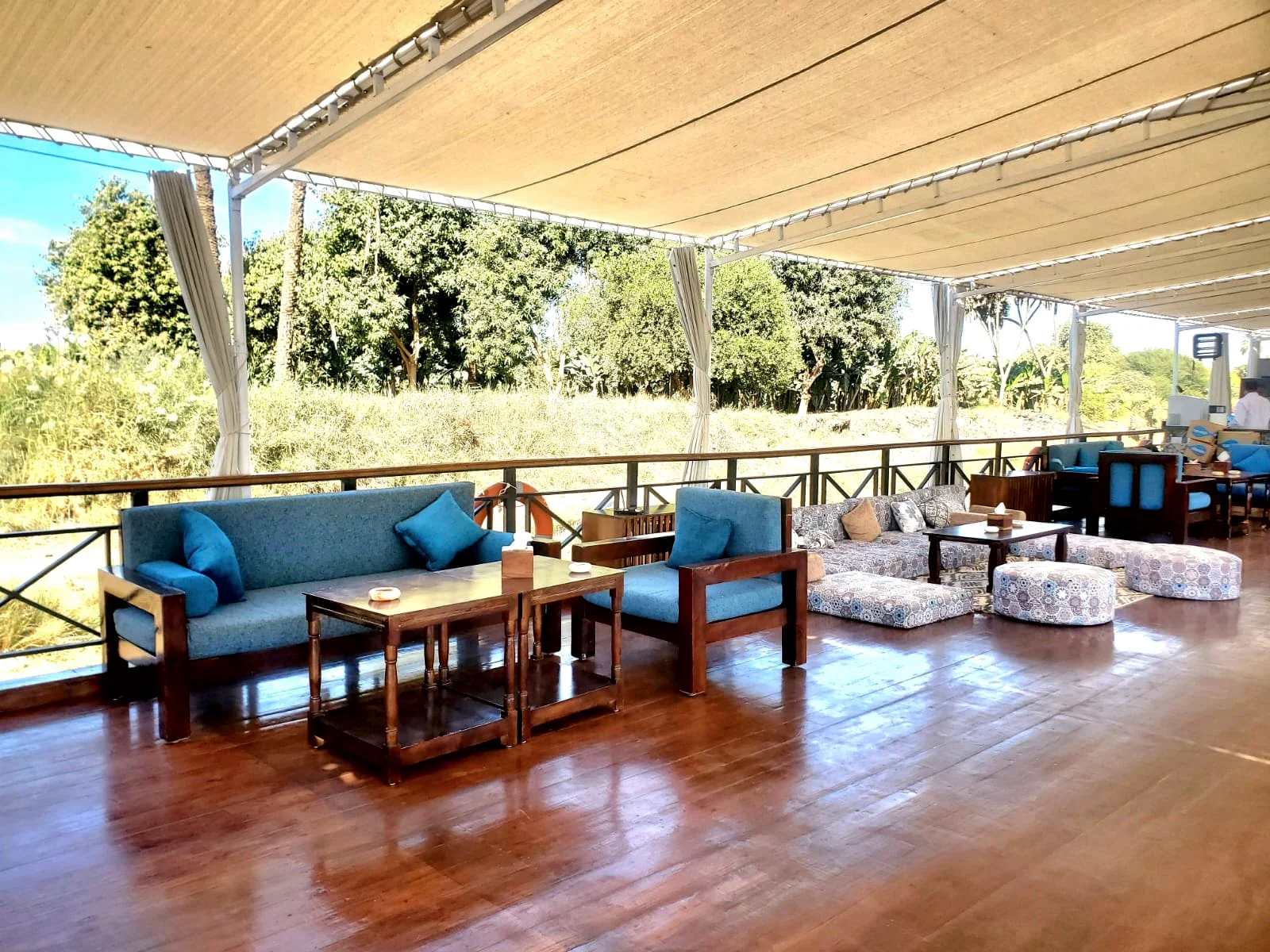 Shaded lounge seating on the Fatima Dahabeya sun deck